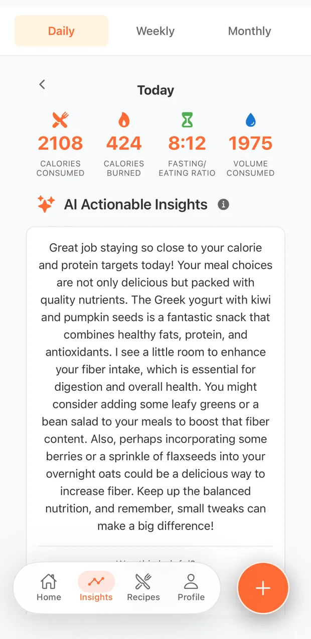 A weekly insight card explaining a pattern in the user's eating and suggesting a next step.