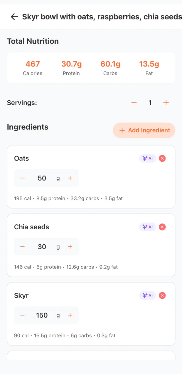 Editing the ingredients and quantities the app detected in a meal.
